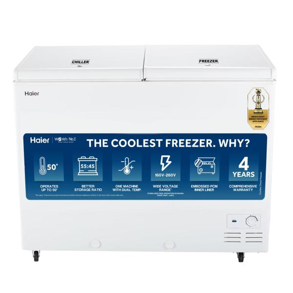 Haier HFC-325CM5, Double Door Combo Freezer (Half Cooler & Half Freezer Combo), Freeze & Chill together, Dual Condenser, Metal liner & 4 Years Comprehensive Warranty (White)