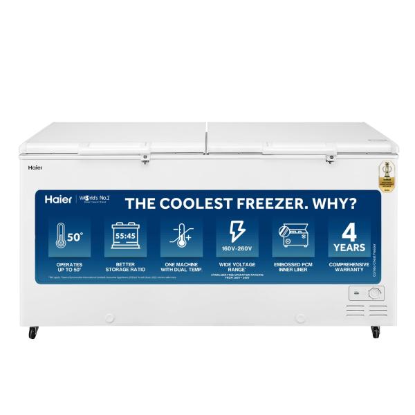 Haier HFC-385CM5, Double Door Combo Freezer (Half Cooler & Half Freezer Combo), Freeze & Chill together, Dual Condenser, Metal liner & 4 Years Comprehensive Warranty (White)