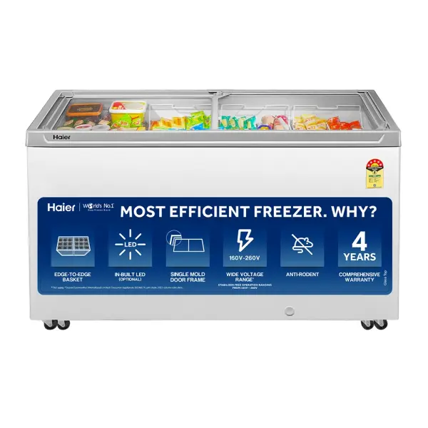 Haier HFC-575GM5, 5-Star Rated Glass Top Freezer, Single Mould Door & Frame, Anti-Rodent Body & Wire, Integrated Lock, with metal Liner inside and 70mm Puff Thickness (White)